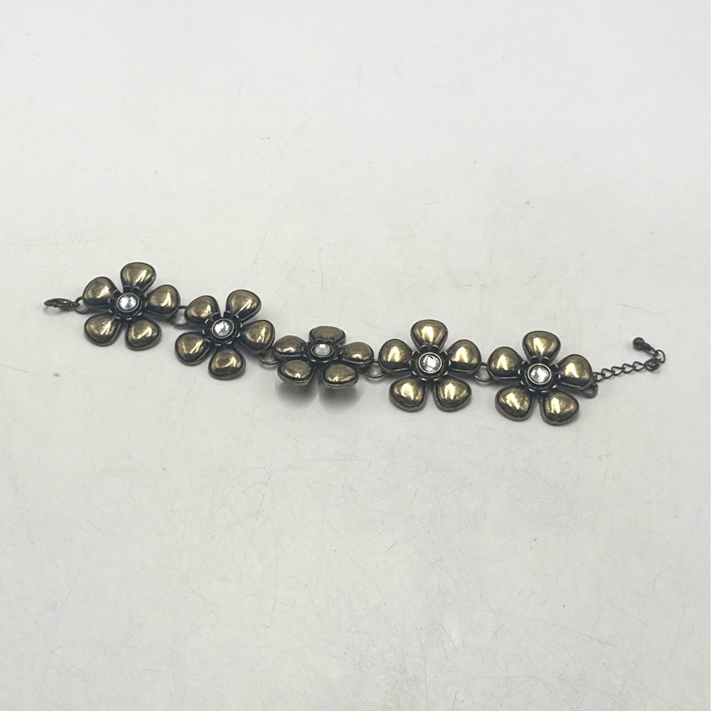 Vintage Style Brass Tone Flower Link Bracelet Rhinestone Floral Boho Adjustable